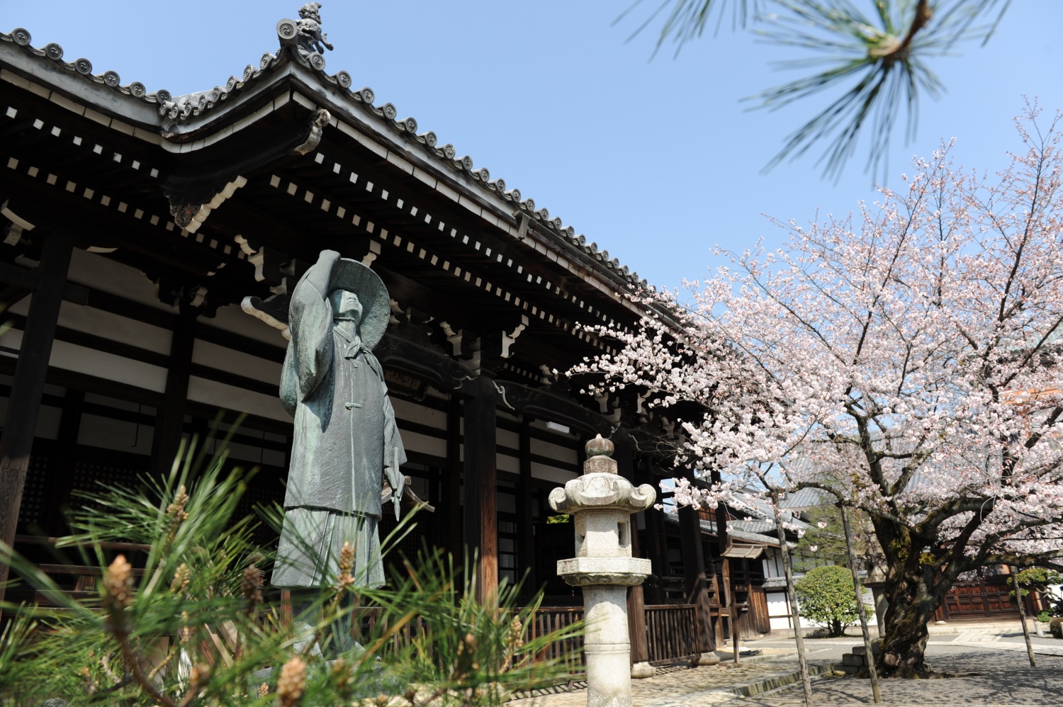 長谷川等伯銅像と本堂（本法寺）